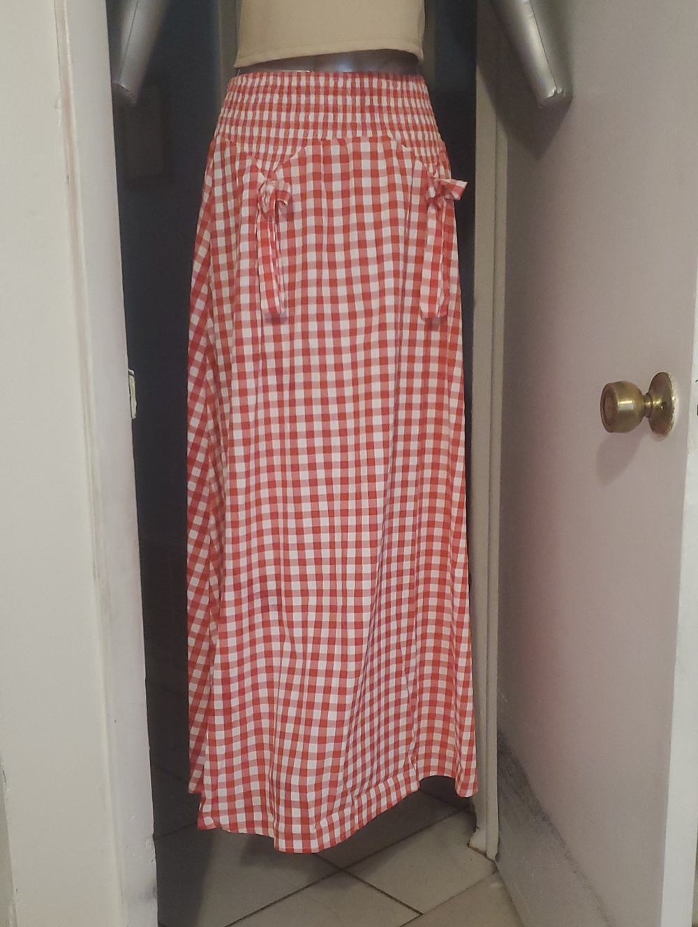 Red Gingham Maxi Skirt with Tie Details. Brand New.